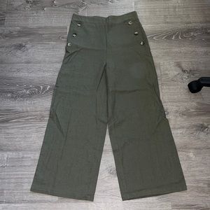 Loose olive green pants, straight leg